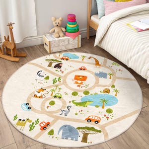 Safari Animal Adventure Kids Room Round Rug - Wildlife Road Play Mat - Jungle Zoo Nursery Circle Carpet - Educational Safari Playmat