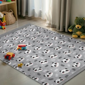Cute Panda Bamboo Pattern Kids Room Rug - Cartoon Pandas Leaf Runner - Gray Anti-Slip Washable Playmat-Adorable Animal Themed Nursery Carpet