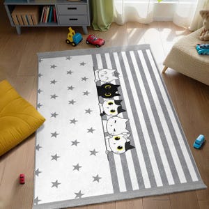Cute Cat Cartoon Design Kids Room Rug - Stars Stripes Grey Pattern Runner -White Black Kitty Nursery Carpet-Modern Playful Toddler Mat Decor