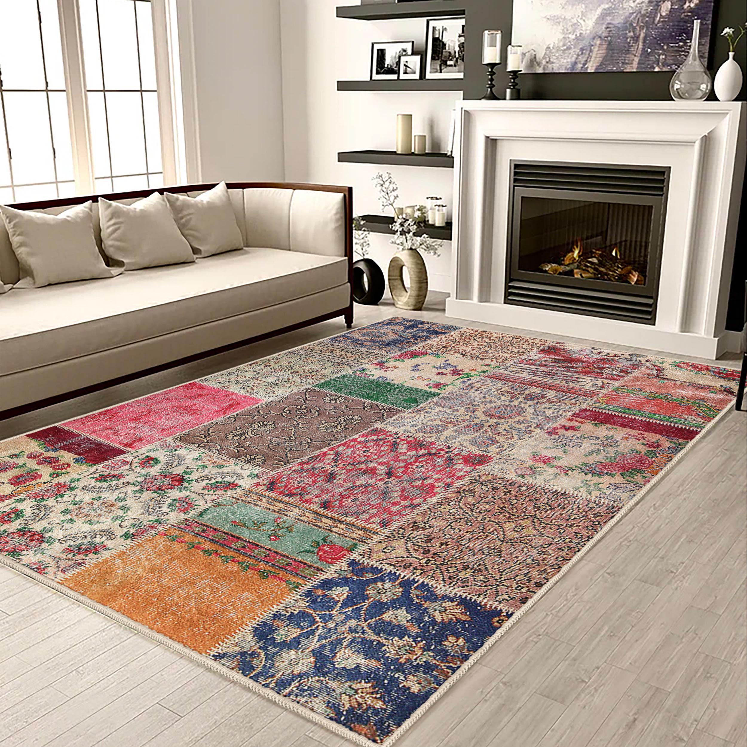 Vintage Patchwork Area Rug for Living Room - Multicolor Washable Carpet ...