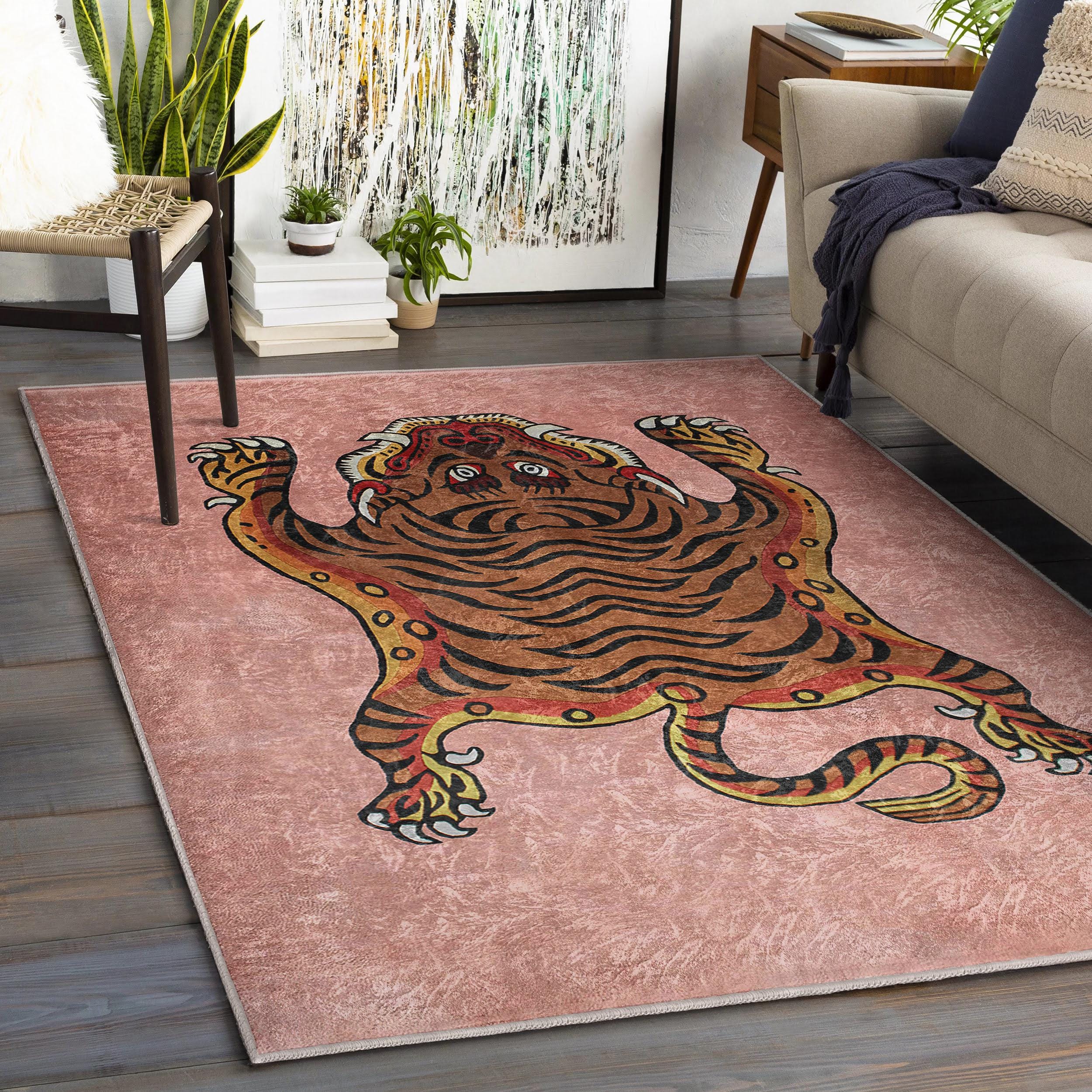 Pink Tiger Motif Area Rug - Vibrant Animal Print Carpet - Eclectic