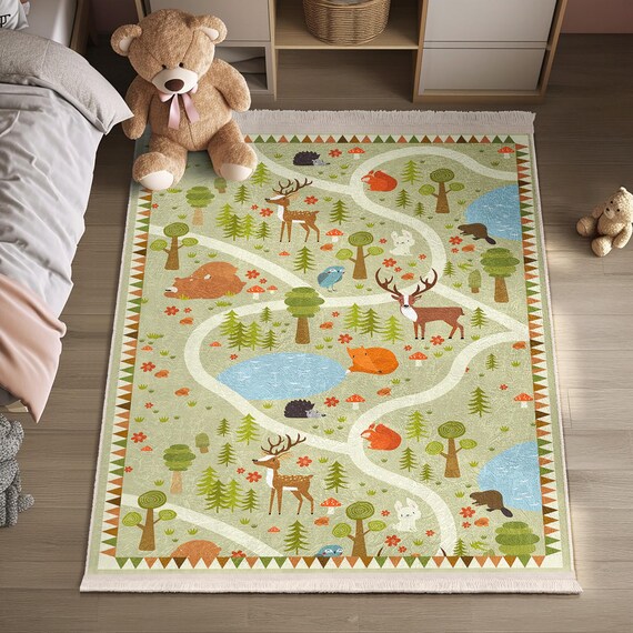 Forest Woodland Animals Kids Room Rug Deer Bear Fox Pattern Mat