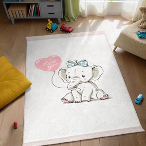 Elephant Baby Girl Nursery Rug - Cute Blue Bow Runner - Grey Pink Cartoon Animal Kids Room Carpet -Washable Anti-Slip Playmat for Child Room