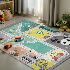 City Road Map Panda Kids Room Rug - Playmat Town Circuit Runner-Colorful Green Adventure Nursery Carpet-Interactive Play Area Toddler Mat