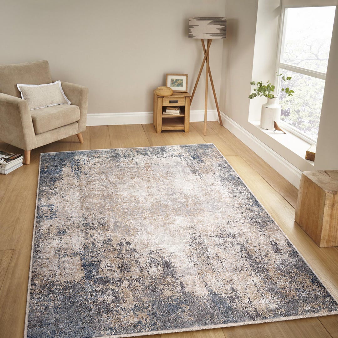 Blue Neutral Rug Neutral Blue and Beige Abstract Rug - Modern Distressed Washable Area ...