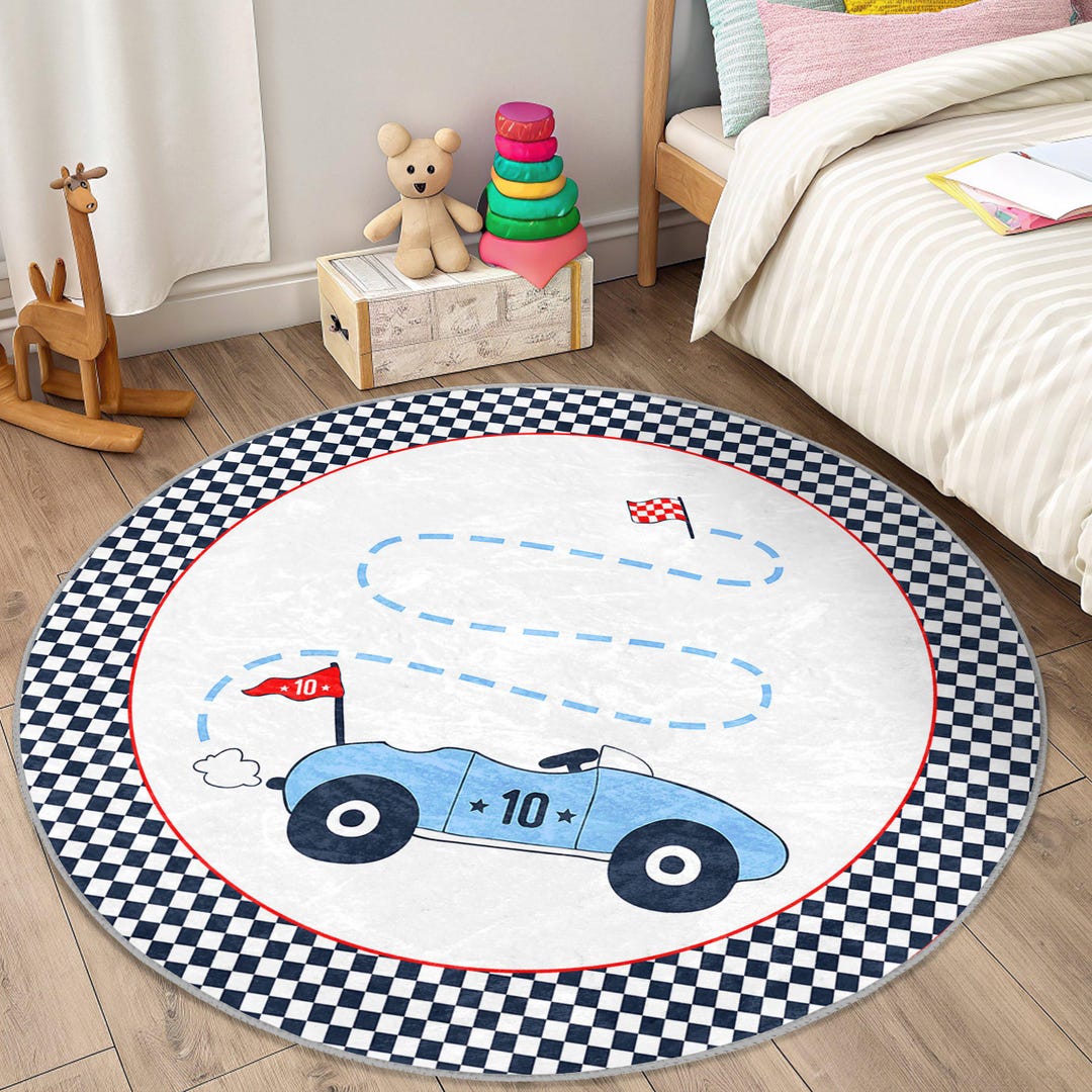 Race Car Blue Track Round Rug - Black White Checkered Border Mat ...