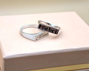 Anillo con nombre personalizado y piedra de nacimiento, anillo apilable con sello grabado, anillo para el meñique personalizado, regalo para ella, joyería para San Valentín