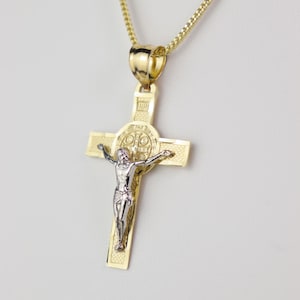 14K Solid Gold Saint Benedict Crucifix Pendant – Yellow and White Gold Symbol of Faith and Protection
