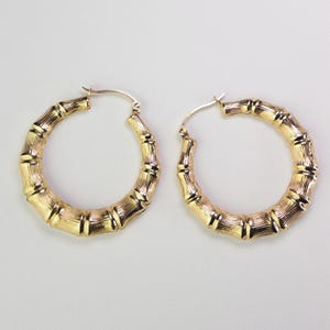 10K Solid Gold Bamboo Hoop Earrings, Lightweight Textured Hoops, Elegant Statement Jewelry