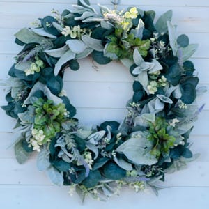 Lambs Ear and Eucalyptus Wreath, Year Round Greenery Wreath for Front Door, Farmhouse Wall Decor, Everyday Eucalyptus Wreath, Housewarming