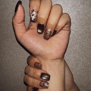 Glitter Leopard Press On Nails, Square False Nails, Dark Taupe Aura Fake Nails, Reusable Glue On Nails