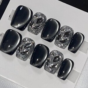 Dark Silver Glam Press On Nails, Square False Nails, Sparkly Metallic Fake Nails, Reusable Glue On Nails