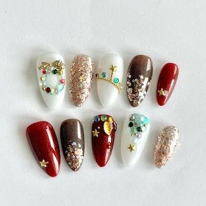 Christmas Glam Press On Nails, Almond False Nails, Glitter Star Holiday Gemstone Fake Nails, Reusable Glue On Nails
