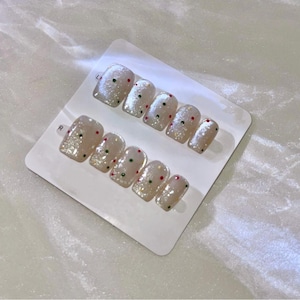 Holiday Confetti Press On Nails, Square False Nails, Glitter Dot Fake Nails, Reusable Glue On Nails
