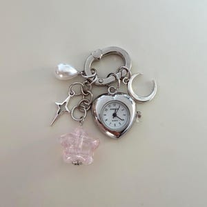 Y2K heart watch keychain,star charm keychain,silver watch pearl charm keychain,moon charm bag accessory, cute clock keychain,watch accessory