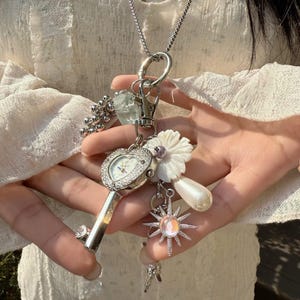 Y2K Heart Watch Keychain&Clock Necklace,Cute Watch Bag Charm,Watch Pendant Necklace,Silver Flower Cross Keychain,Unique Clock Charm Keychain