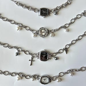 Collar y pulsera de reloj con gargantilla de plata vintage, elegante gargantilla de reloj con perlas, collar de reloj negro punk, collar de reloj de moda, regalo para ella