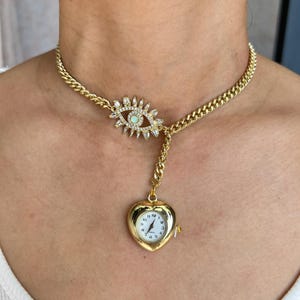Punk Gold Watch Choker Necklace,Trendy Gold Watch,Y2K Clock Choker, Heart Watch Jewelry, Gold Chain Watch Necklace, Eye of God Necklace Gift