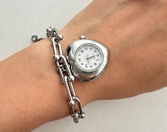 Retro Punk Heart Watch Bracelet, Obsidian Braided Metal Bracelet,Y2K Jewelry, Grunge Clock Jewelry,Silver Chain Bracelet, Watch Jewelry Gift