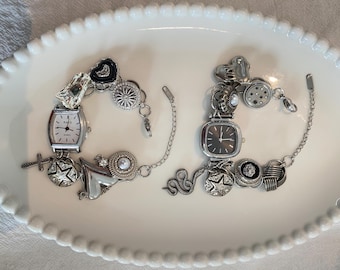 Punk black&white silver watch bracelet,vintage charm watch bracelet, Y2K wrist watch, grunge cross charm silver chain watch,pearl watch gift