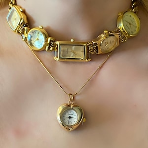 Punk gold watch choker,vintage heart watch layered necklace,grunge multi-watch choker,Y2K clock jewelry,trendy gold watch necklace gift idea