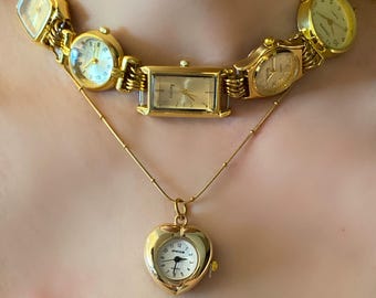 Punk gold watch choker,vintage heart watch layered necklace,grunge multi-watch choker,Y2K clock jewelry,trendy gold watch necklace gift idea