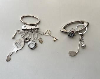 Punk Multi-Charm Silver Heart Watch Keychain, Watch Ring Keychain, Key Pendant Bag Accessory, Golf Ball Charm Keychain, Men's Keychain Gift