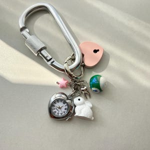 Y2K Cute Rabbit Silver Heart Watch Keychain,Pink Heart Lock Keychain,Y2K Bag Accessory, Heart Clock Tooth Charm Keychain, Retro Gift for Her