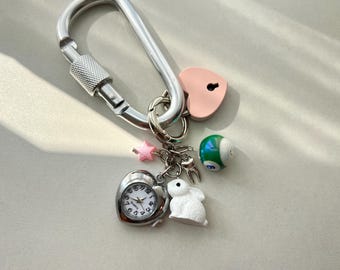 Y2K Cute Rabbit Silver Heart Watch Keychain,Pink Heart Lock Keychain,Y2K Bag Accessory, Heart Clock Tooth Charm Keychain, Retro Gift for Her