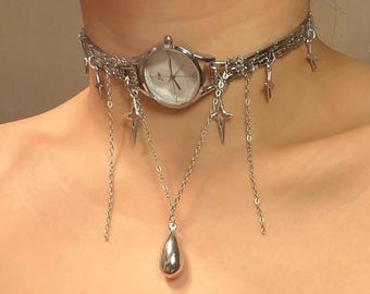 Punk silver4 watch choker necklace,Y2K star charm watch choker,silver chain choker,grunge watch necklace,punk watch choker,unique watch gift