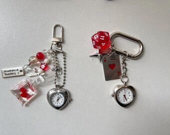 Y2K silver heart watch keychain,star charm bag accessory,red dice keychain,gold fish,poker charm keychain, cute clock bag charm gift