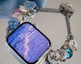 Pasek do zegarka Apple Watch z guzikiem w stylu vintage, uroczy pasek do smartwatcha z zawieszką, srebrny pasek do zegarka Y2K, punkowy pasek do zegarka iWatch, srebrna bransoletka z łańcuszkiem, kolorowy dodatek