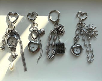 Vintage silver heart watch keychain,retro pearl watch bag accessory,Y2K silver charm keychain,punk bag charm,grunge accessory,90s jewelry