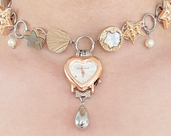 Vintage heart watch pendant necklace,punk pearl watch choker,Y2K charm necklace,flower charm choker,watch necklace jewelry,christmas gift