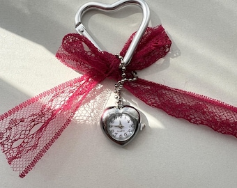 Vintage Elegant Silver Heart Watch Keychain, Red Similar Keychain, Y2K Clock Pendant Bag Accessory, Silver Heart Clasp Keychain,Gift For Her