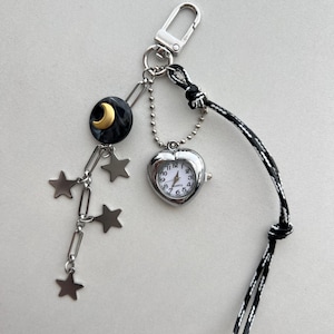 Vintage star tassel silver heart watch keychain, moon star watch keychain, rope knob bag accessory, Y2K clock keychain,  retro watch gift