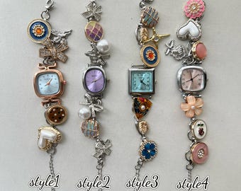 Y2K colorful charm watch bracelet,elegant woman's wrist watch,pearl watch bracelet,cute charm bracelet, elegant wedding watch,unique watch