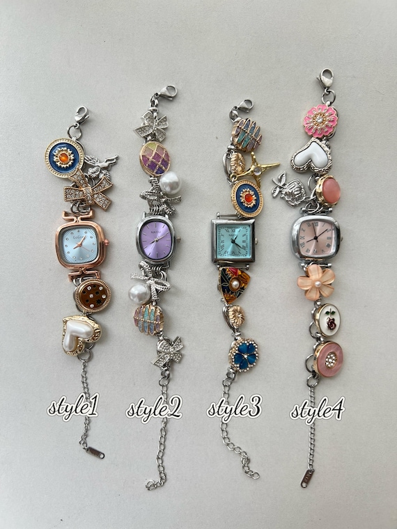 Y2K colorful charm watch bracelet,elegant woman's wrist watch,pearl watch bracelet,cute charm bracelet, elegant wedding watch,unique watch