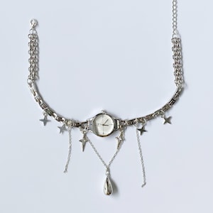 Punk silber 4 Uhr Halsband Halskette, Y2K Stern Charme Uhr Halsband, Silber Kette Halsband, Grunge Uhr Halskette, Punk Uhr Halsband, einzigartige Uhr Geschenk