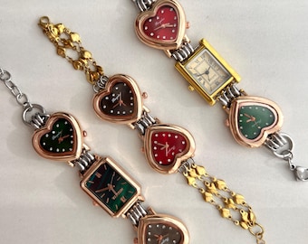 Retro punk red heart-shaped watch bracelet, three clock bracelets, grunge watch bracelet, Y2K jewelry, vintage unique watch jewelry gift