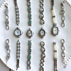 Pearl Crystal Stone Link Chain,Minimalist Retro Stackable Wrist Watch,DIY Interchangeable Silver Bracelet Watch,Y2K Oval Round Vintage Watch