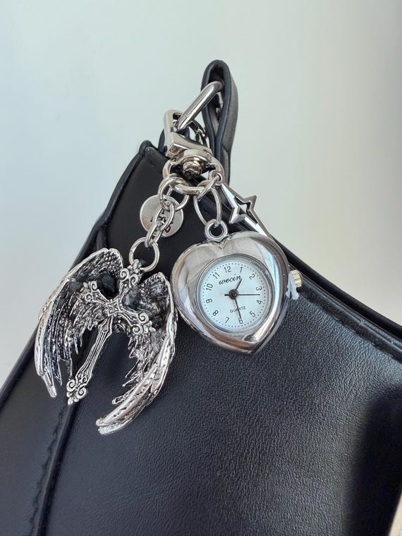 Gothic silver cross keychain,heart watch pendant keychain,Y2K watch bag charm,retro clock bag accessory,unique watch 90's jewelry gift