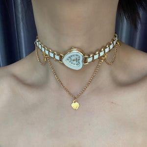 Vintage gold heart watch choker necklace,heart charm layered necklace,trendy gold watch,Y2K clock choker,heart watch jewelry,cute watch gift