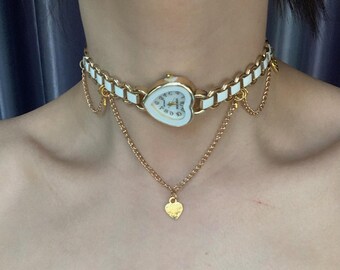 Gold Watch Charm Necklace Crystal Heart Y2K Luxe Statement Choker Vintage Colorful Watch Choker,red Heart Watch Necklace  main image 2