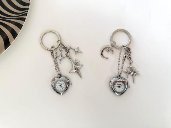 Y2K silver watch keychain,star and moon charm keychain,cute clock bag accessory,silver star accessory,vintage watch accessory gift for her