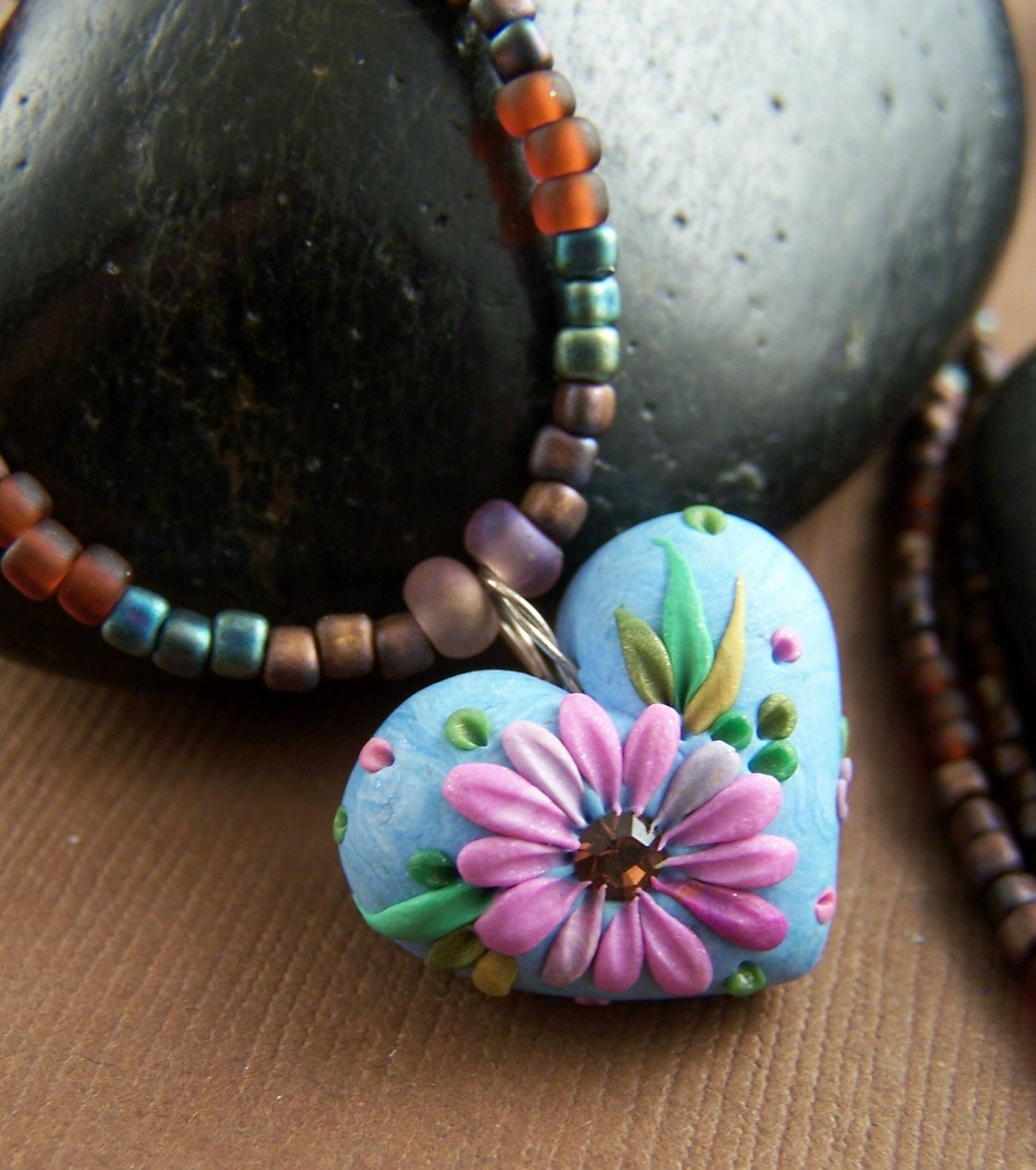 Abby Necklace Polymer Clay Heart Pendant With Seed Bead Etsy