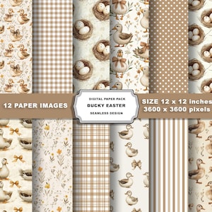 Puede incluir: Un paquete de papel digital con 12 patrones sin costuras que presentan patos, nidos, huevos y diseños florales en marrón, blanco y amarillo. Los patrones son de 12 x 12 pulgadas y 3600 x 3600 píxeles.