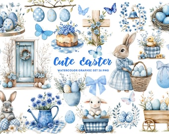 May include: A watercolour illustration set of Easter themed graphics. The set includes a bunny, a chick, a lamb, eggs, flowers, a cross, a door, a basket, a watering can, and a cake. The graphics are in shades of blue and white.