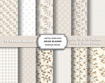 May include: A digital paper pack with 12 seamless patterns featuring beige floral designs. The patterns include gingham, polka dots, stripes, and floral motifs. The pack is 12 inches by 12 inches and 3600 pixels by 3600 pixels.