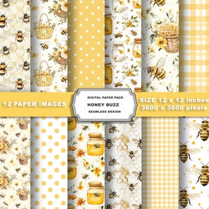 Watercolor Bee Digital Paper, Honeycomb Seamless Pattern, Yellow & Black Printable Background for Scrapbooking and Crafts